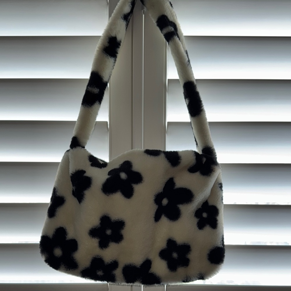 fuzzy black and white floral purse